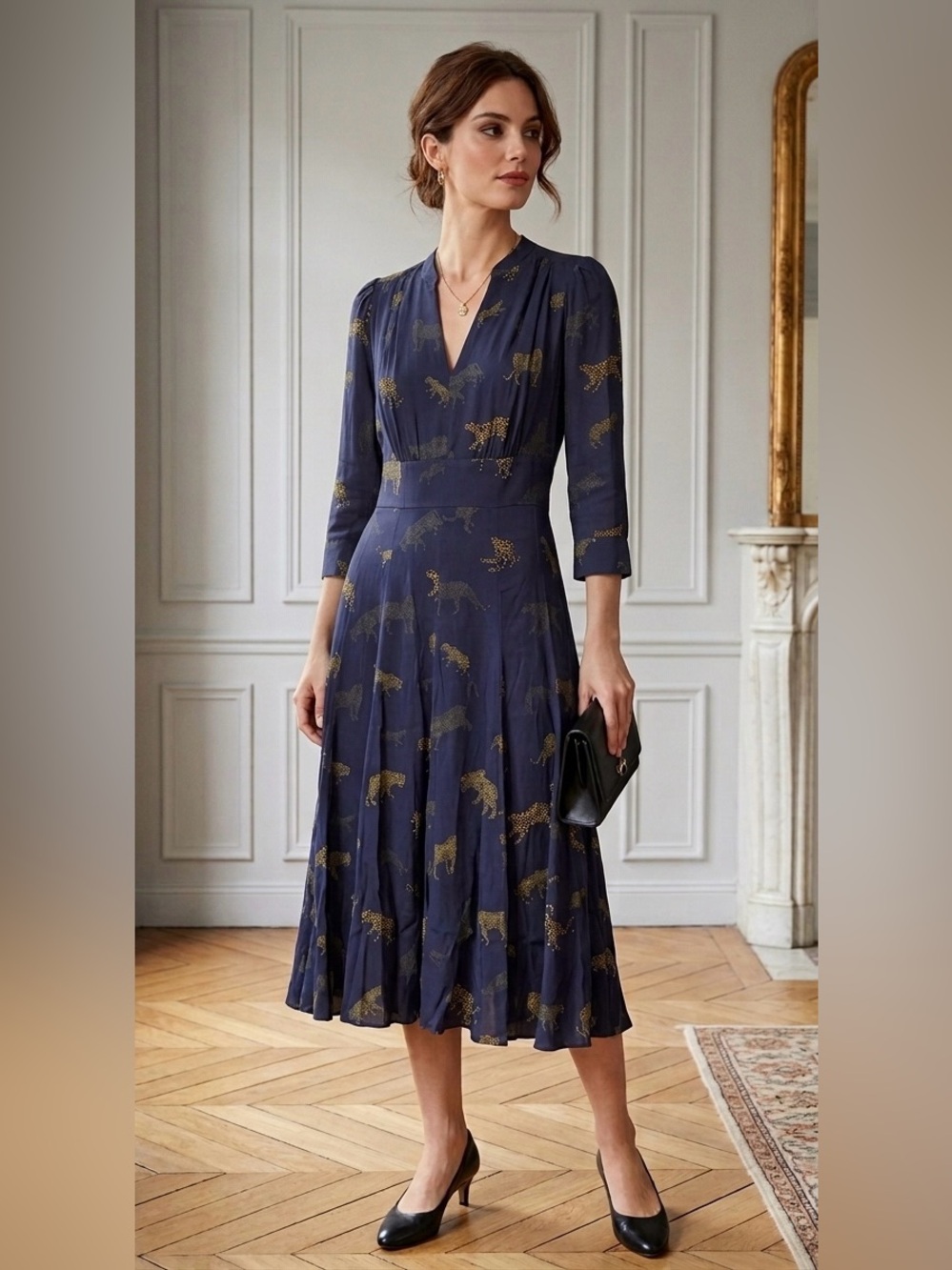 TARA JARMON Navy Blue Cheetah Leopard Print V-Neck Midi Dress 3/4 Sleeves